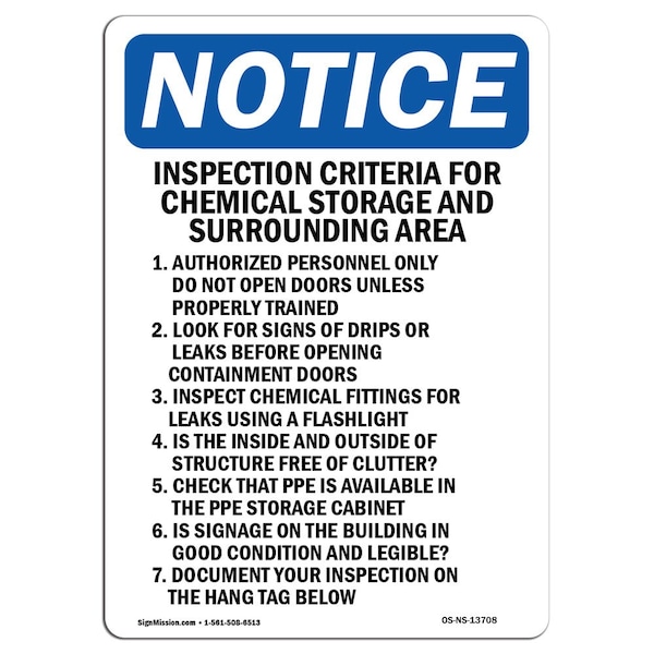 Safety Sign, OSHA Notice, 5" Height, Inspection Criteria For Chemical Sign, Portrait, 10PK